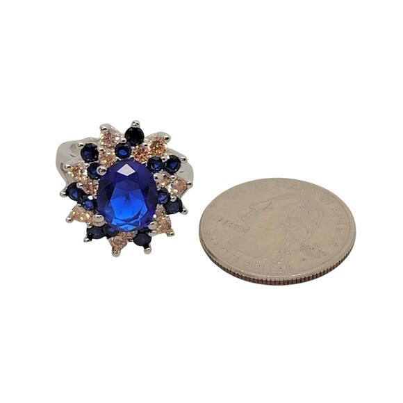 Beautiful Gold and Blue Sapphire Simulant Silver Cocktail Ring Sz 7 - Picture 4 of 5